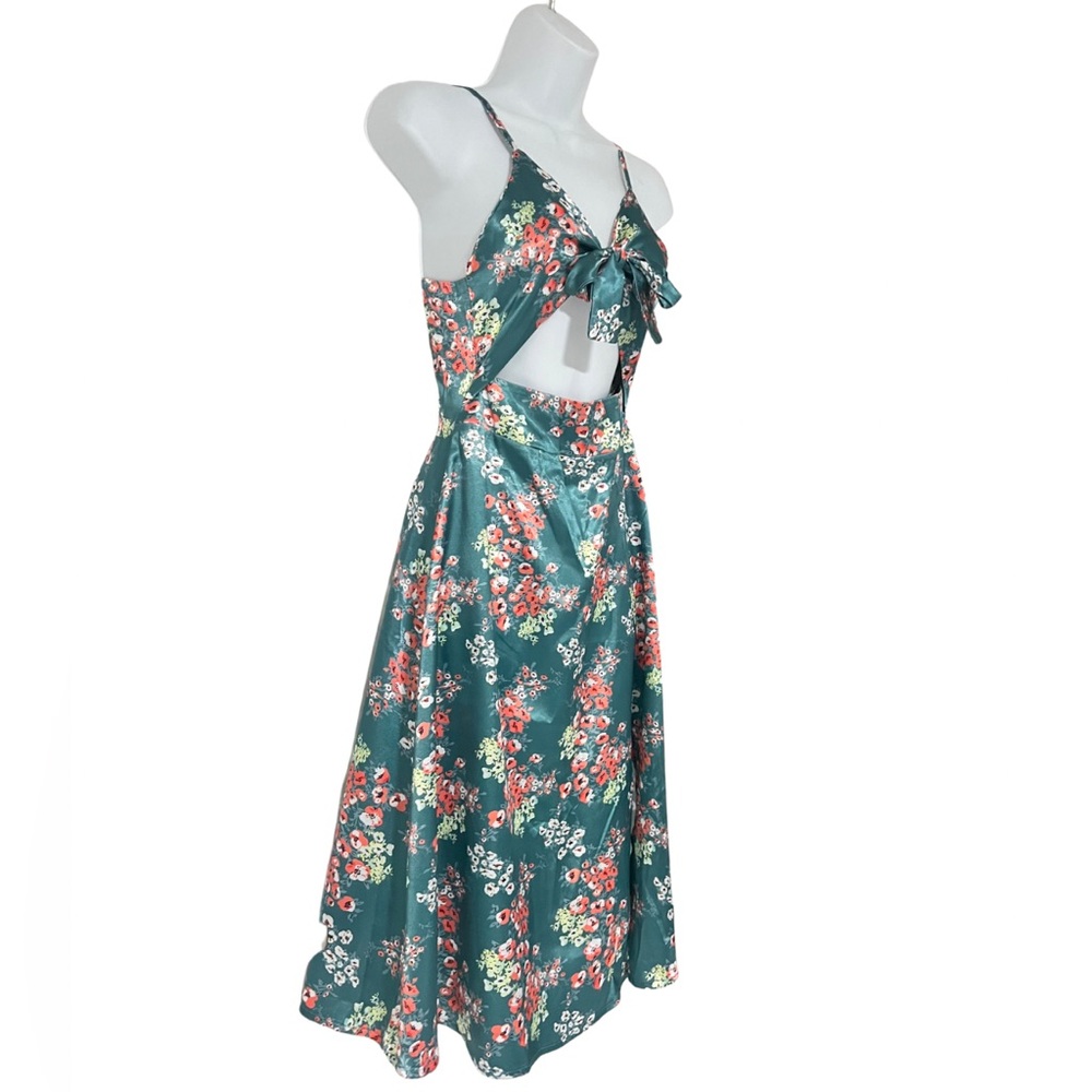 Boho Midi Satin Floral Turquois Slit Dress - Picture 4 of 4